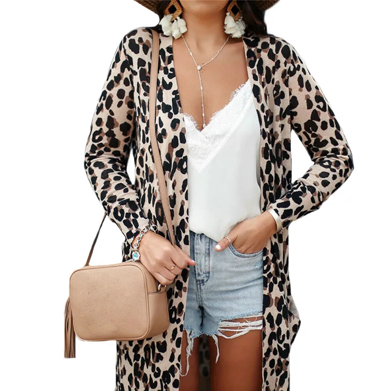 

Autumn spring New Women ladies Leopard print Jacket Coats Slim long sleeve fashion cardigan long outwear tops femme clothes 2019