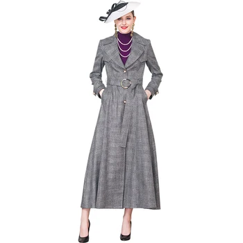

Office Lady Grey Plaid Long Coat British Style Windbreaker with Belt Autumn Coat Turn-down Collar Full Length Overcoat DZ1048