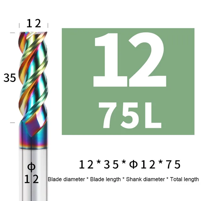 Colorful End Mill Aluminium HRC55 3F Milling Cutter Acrylic Wood Copper Plastic Cutting Tool CNC Maching Milling Tools Endmils 12X35XD12X75L