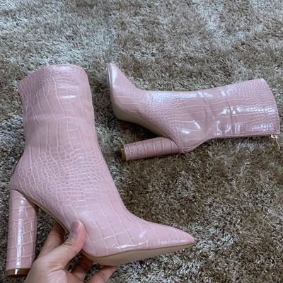 Nude eyu boot Ботильоны на каблуке 10,5 см с круглым носком женские зимние ботинки на меху Вечерние кожаные ботинки женские зимние ботинки женская обувь на высоком каблуке - Цвет: Nude eyu boot