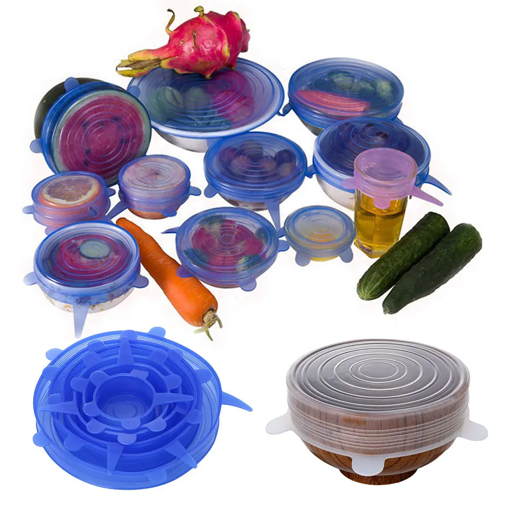 

6PCS Useful Silicone Stretch Preserve Pot Bowl Lid for Fridge Microwave Oven Food Saver Reusable Containers Cover white/blue