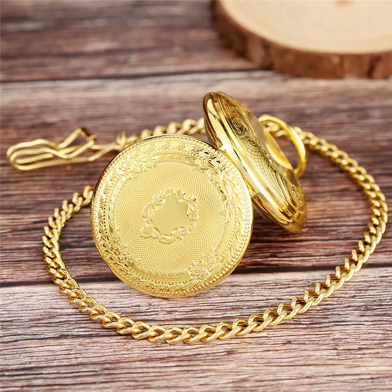 Antique Luxury Yellow Gold Shield Design Clock Skeleton Dial Mechanical Hand Winding Pocket Watch for Men Women Gift FOB Chain