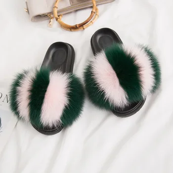

Women Summer Real Fur Slides Fluffy Slippers Soft Beach Flip Flops Furry Women Shoes