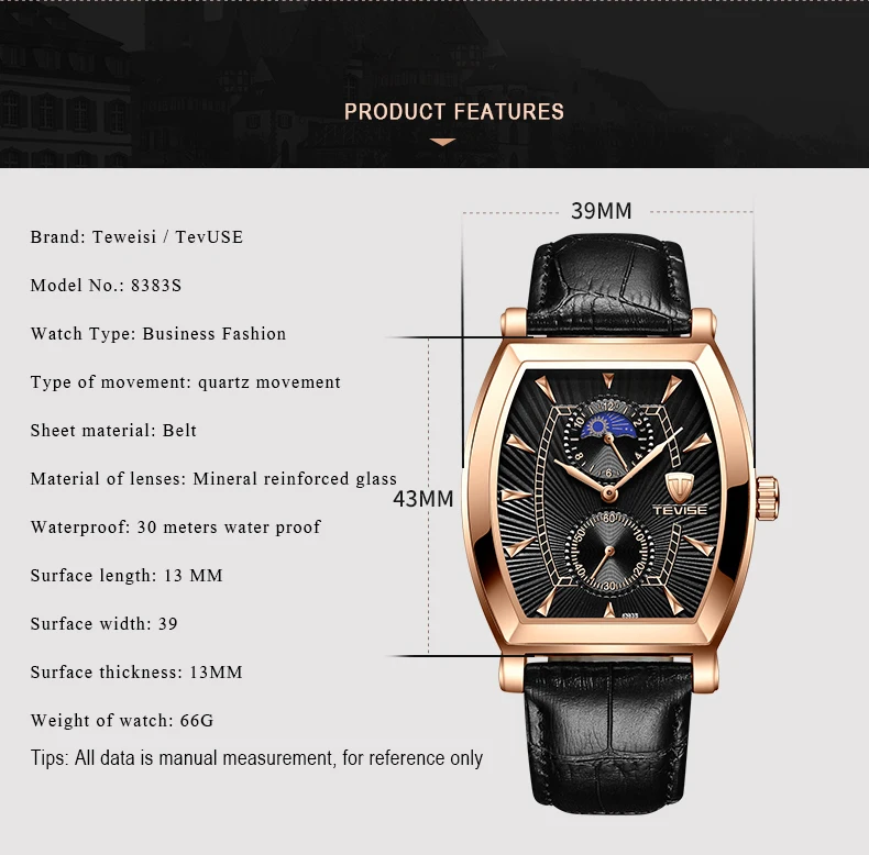 TEVISE 8383S мужские часы Moon Phase настоящие водонепроницаемые кварцевые часы с кожаным ремешком Мужские повседневные наручные часы Relogio Masculino