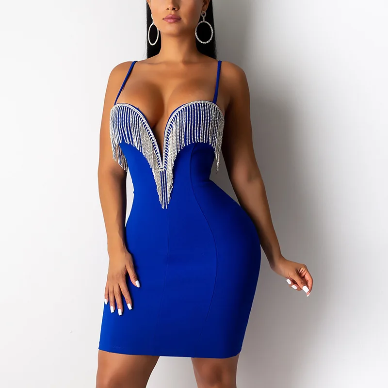 Сексуальное платье с кисточками, женские вечерние платья на тонких бретельках с открытой спиной, элегантное облегающее блестящее платье без рукавов - Цвет: Синий