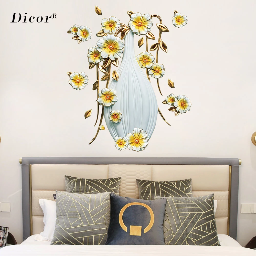 

DICOR Simulated Stereo 3D Wall Sticker Flower Living Room Flower Art White Vase Vinyl Waterproof Removable Wedding Decoration