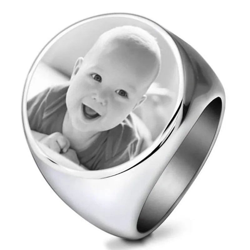 

Personalized Rings Men's Stainless Steel Round Signet Ring With Photo Name Man Custom Jewelry