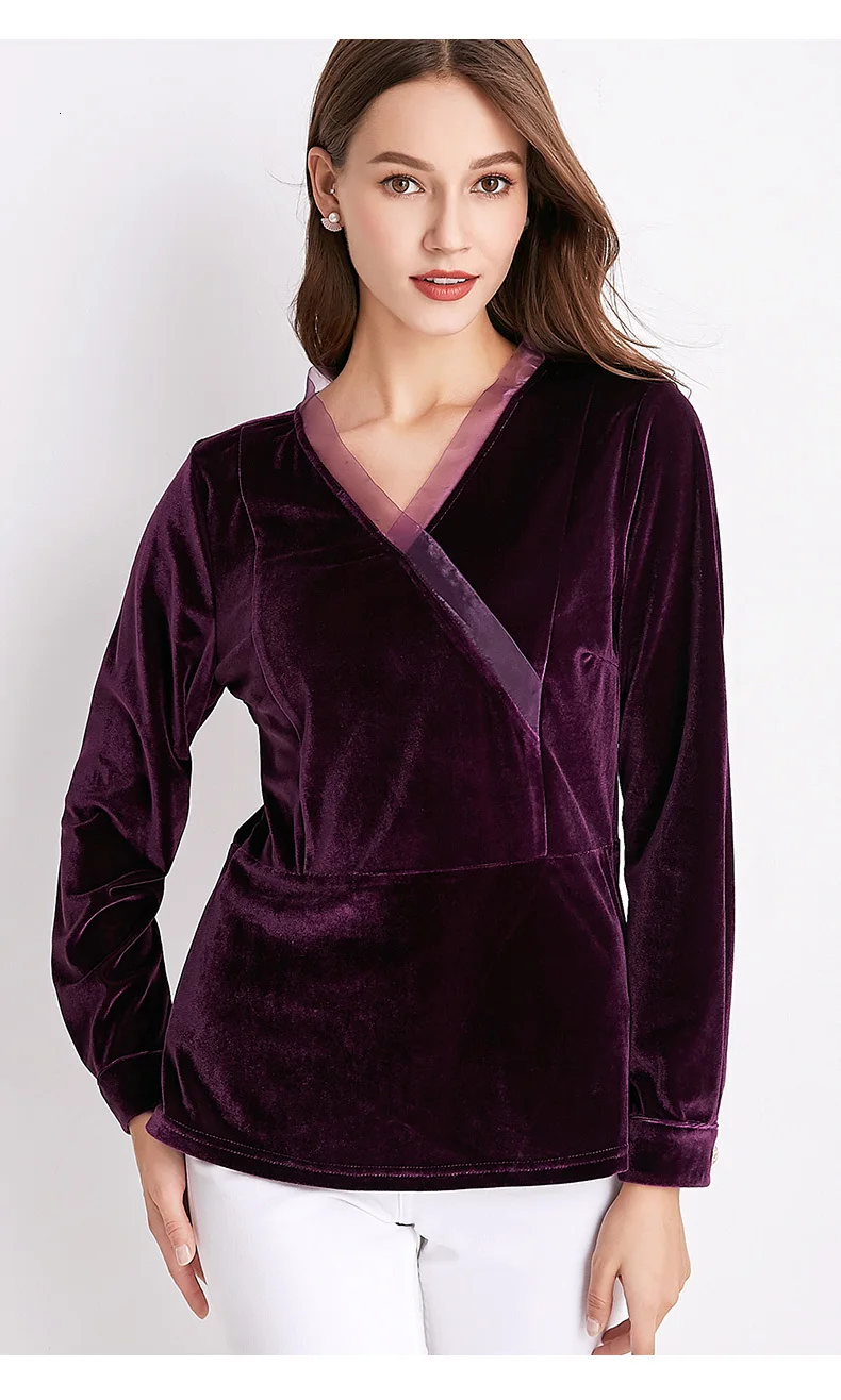 Осень Бархат, велюр блузка женская рубашка плюс размер 5XL фиолетовая сетка v-образный вырез длинный рукав Повседневная рубашка Топы Cime Chemisier Bluse