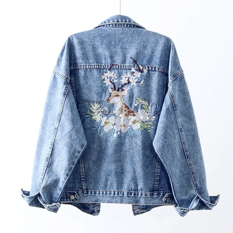 

Autumn Loose Harajuku Vintage Sequins Flower Deer embroidery Hole Denim jacket Women Streetwear Casual Jean jacket Ropa de mujer