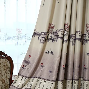 

Curtains for Bedroom Living Room Jiangnan Water Village The Chinese Ink Printing Kitchen Window Curtains high shading Sheer