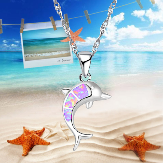 Silver Color Blue Fake Fire Opal Dolphin Necklace Pendant Jewelry, Suitable For Party Accessories Ladies Necklace Jewelry