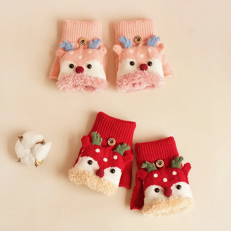 Children Winter Gloves Christmas Cute Cartoon Elk Flip Half-Finger Mittens For Girl Boy Kids Warm Plush Lined Fingerless Gloves