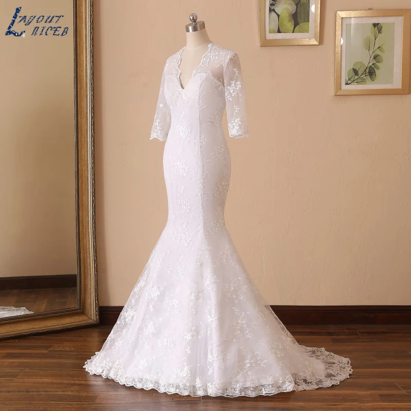 YQS015 Vestido De Noiva сексуальное платье с открытой спиной и v-образным вырезом, свадебное платье русалки, кружевное свадебное платье с длинными рукавами