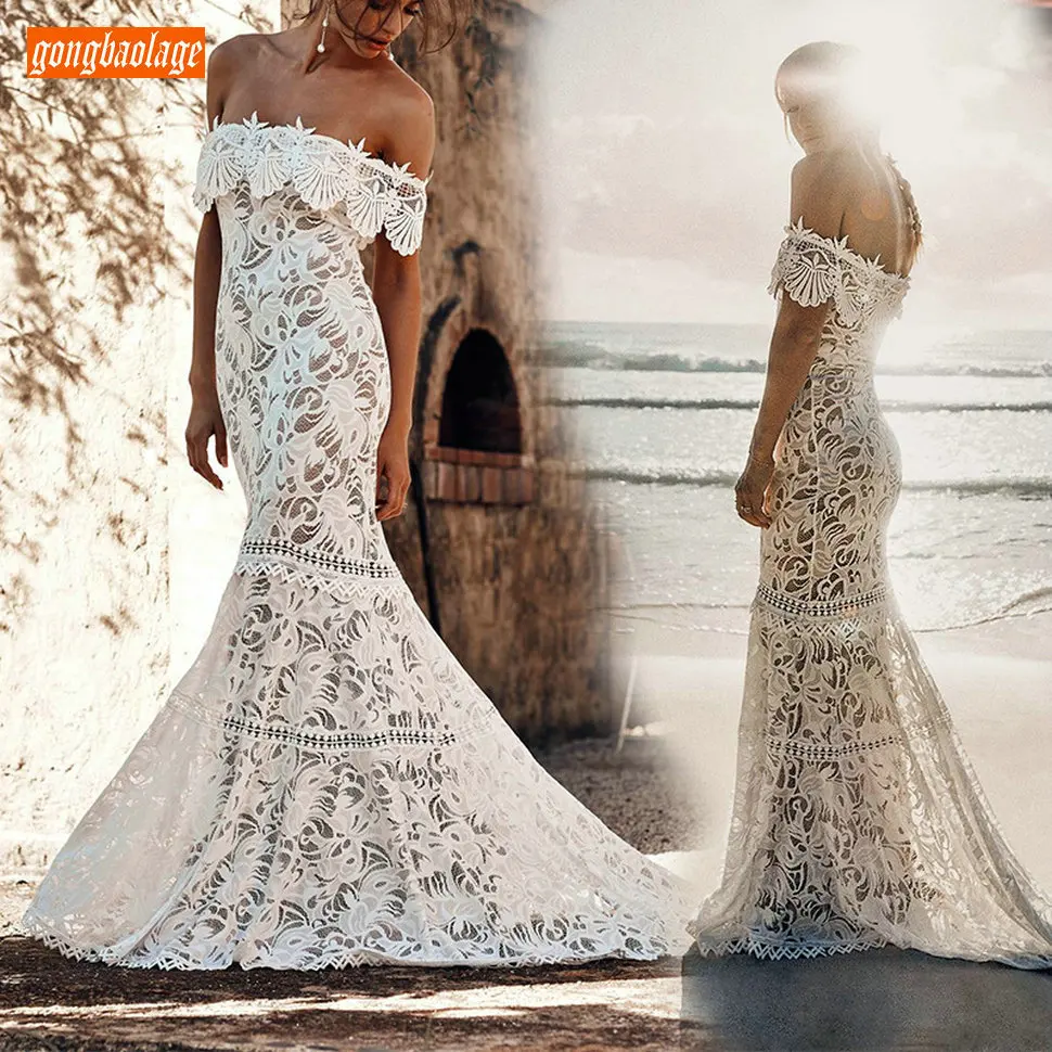 

Elegant Boho Ivory Lace Prom Dresses Long 2020 Cheap Slim Fit Mermaid Prom Gown Floor Length Women Formal Occasion Dress Evening
