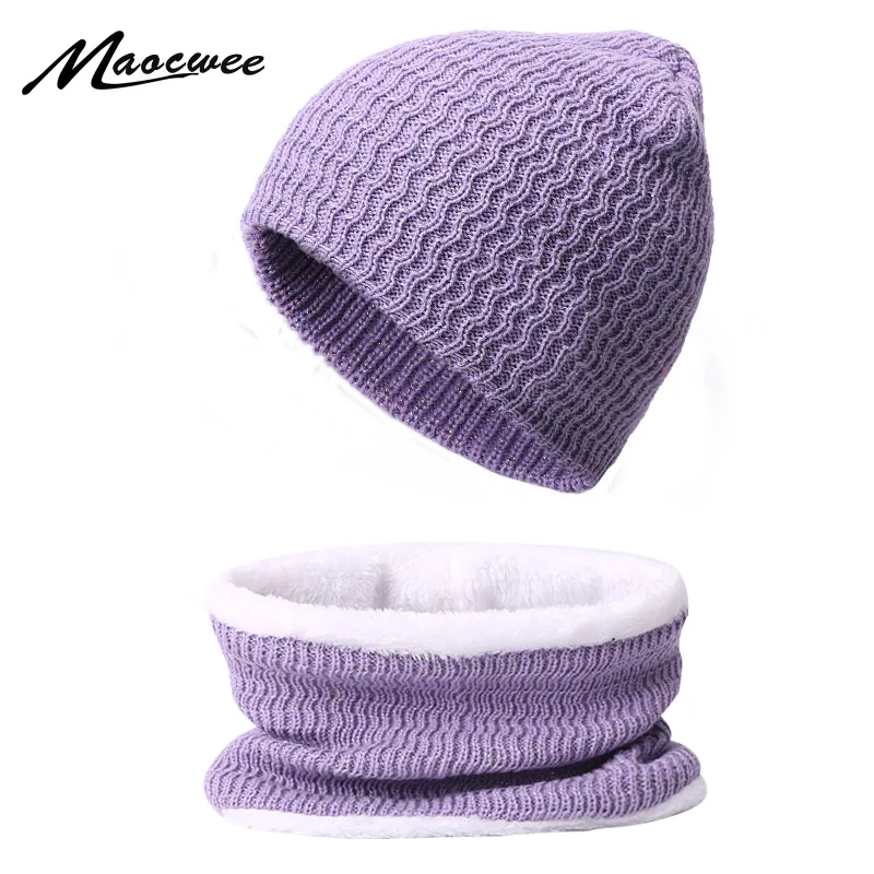 Woman's Hats Hat Scarf Set Girls Cap Warm Autumn Winter Beanie Knitted Skullies Solid Color Crochet Female Striped Caps Fashion |