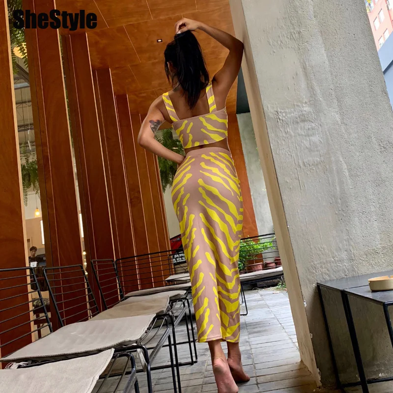 

Shestyle Beachwear Zip Up Crop Tops Long Skirt 2 Piece Set Women 2019 Summer Yellow Striped Print Slim Zipper Sexy Set Female