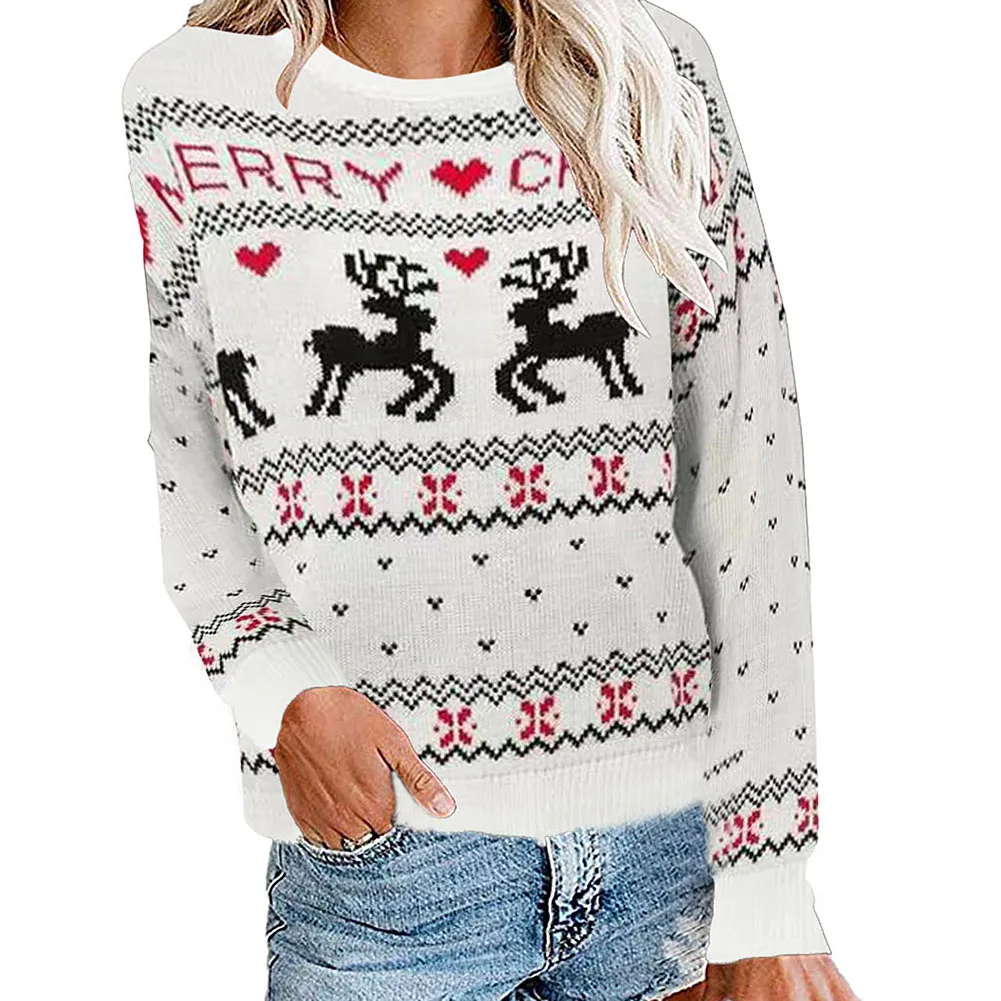 Модный свитер из акриловых волокон, Рождественские свитера для женщин, длинный рукав, Осень-зима, пуловер с принтом оленей, джемпер, топы - Цвет: White