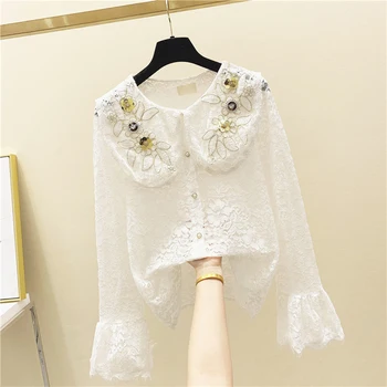 

Retro Transparent Doll Collar Lace Shirt 2020 Spring New Sequined Embroidered Bell-Sleeve Shirt Blouses Womens Tops and Blouses