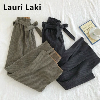 

High Waist Pants Women Woolen Wide Leg Straight Trousers Women Casual Winter Warm Pants Pantalon Femme Elastic Waist Trousers