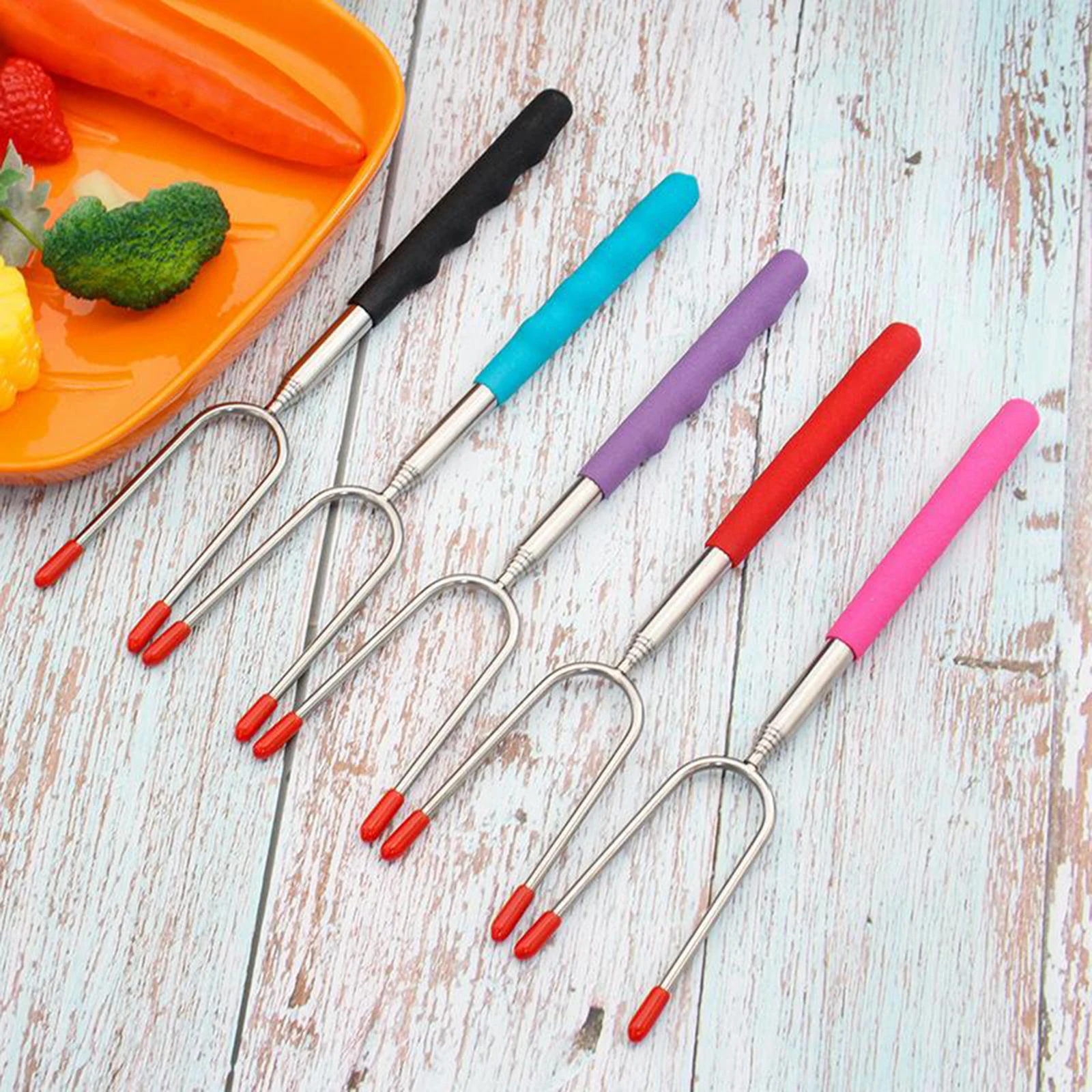 5pc Roasting Smokes Sticks BBQ Telescoping Forks for Sausages Fire Pit