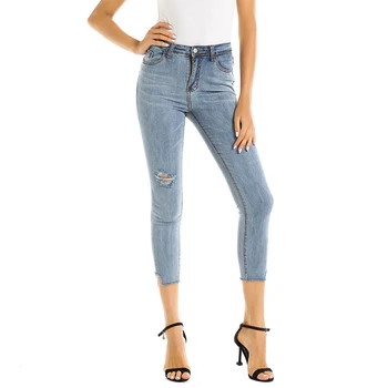 

KALENMOS New Jeans Pencil Pants Women High Waist Slim Hole Ripped Denim Jeans vintage Casual Stretch Trousers Jeans
