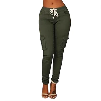 

Fashion Women Pants bandage Comfy Pocket Mid Waist Elastic Drawstring Solid Color Loose Straight Long Tooling Pants