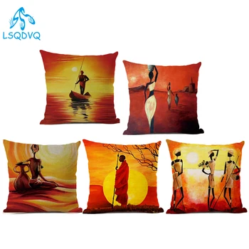

Decorative Throw Pillow Case Abstract Africa Oil Painting African Lifestyle Cotton Linen Sofa Cushion Cover for Home Living Room