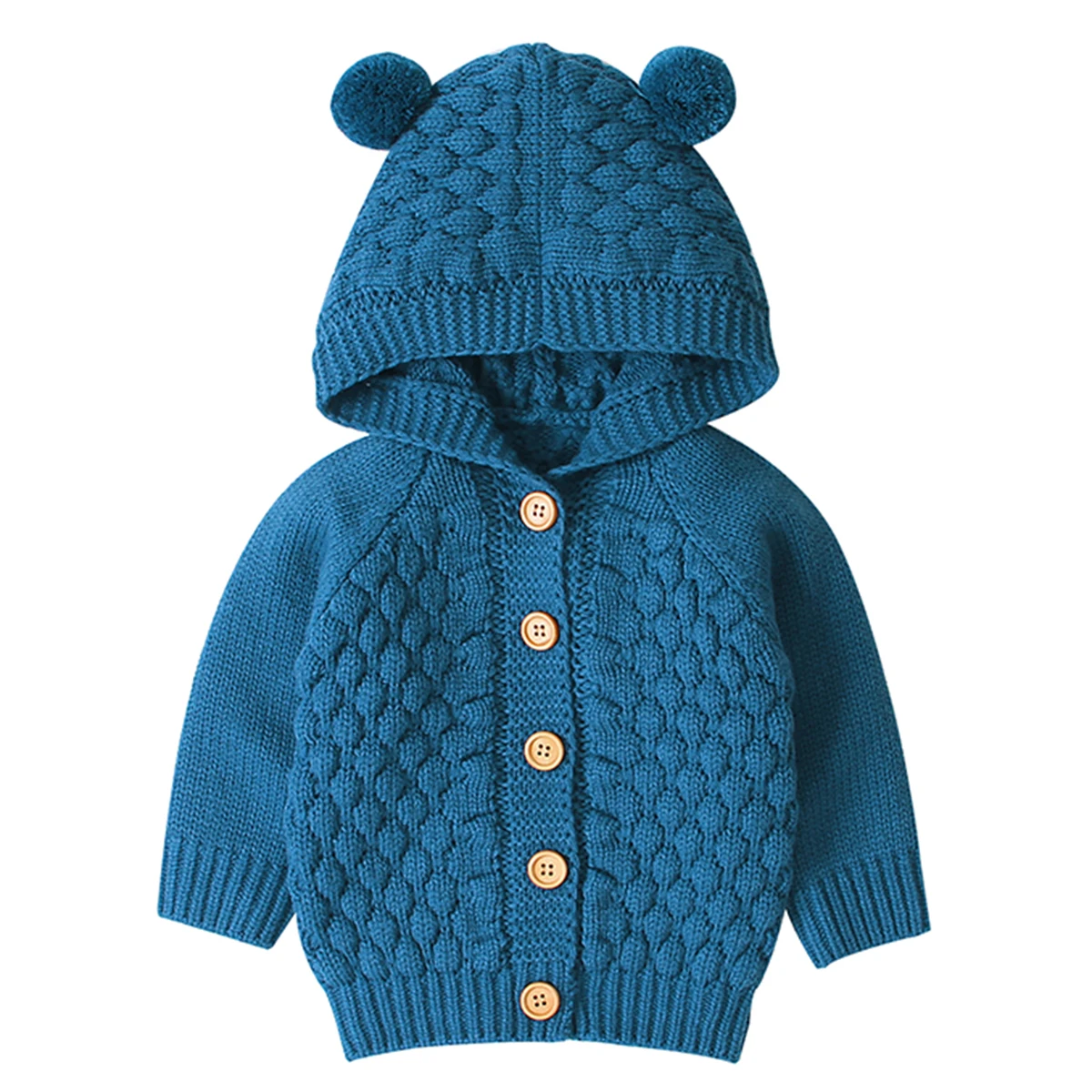 Осенне-зимняя теплая одежда для маленьких девочек вязаный свитер для маленьких мальчиков пальто-кардиган однотонная верхняя одежда с капюшоном и длинными рукавами на пуговицах - Цвет: Denim Blue