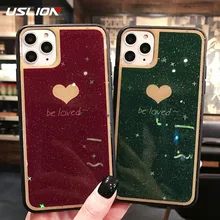 USLION Блестящий блестящий чехол для телефона с сердечком для iPhone 11 Pro Max X XR Xs Max сплошной цветной блестящий чехол для iPhone 6 6s 7 8 Plus