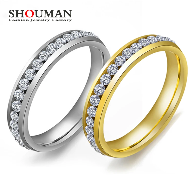 

SHOUMAN 4mm Classic Luxury Crystal Inlay Stainless Steel Gold Rings for Women Girl Wedding Band Charm Party Gift