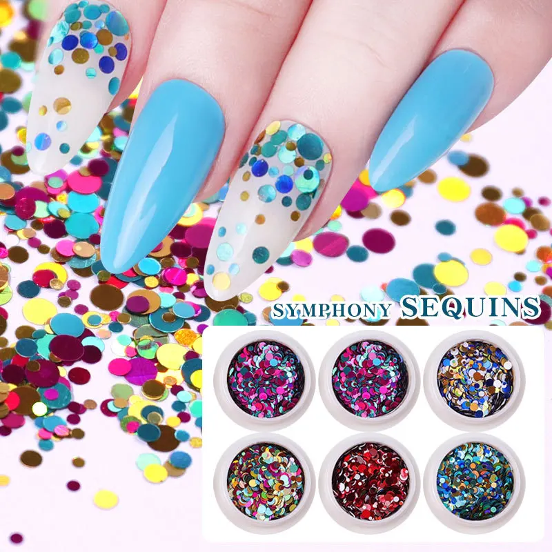 

6 Box/Set Nail Art Sequins Colorful Polka Dot Waves Laser Round Mixed Size Nail Patch Glitter Powder UV Gel Polish Manicure