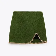 

Women 2021 Chic Chain Mini Skirts Women Fashion Office Wear Tweed Green Skirt Vintage High Waist Back Zipper Female Skirts Mujer