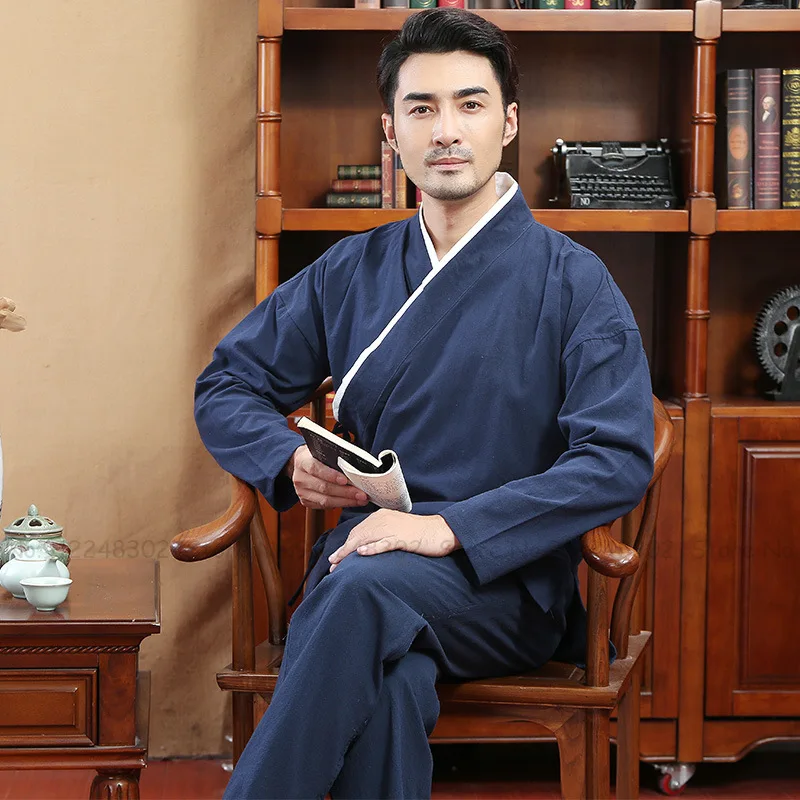 

Chinese Traditional Style Men Linen Long Sleeve Tops Pants Tang Suit Tai Chi Kung Fu Ancient Hanfu Jackets Coats Trousers Sets