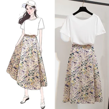 

Female Summer Dress 2020 School Suits Sweet Two Piece Print Swing Casual Mid-Calf Dresses Women's