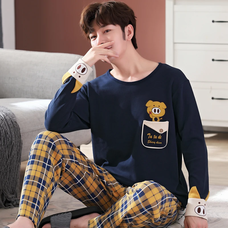 Пижама для мужчин одежда сна мужской пижамный комплект из чистого хлопка с