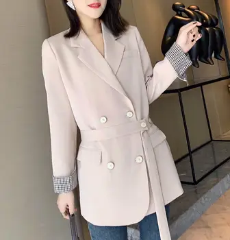 

HIGH STREET Newest 2020 Runway Designer Blazer Women Turn down Collar Double Breasted Belt Slim Long Blazer Jacket