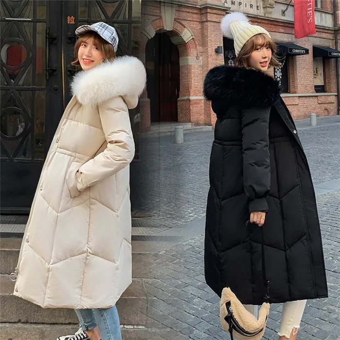 Женская зимняя куртка, новинка, высокое качество, меховой воротник, пуховое хлопковое пальто, Элегантное повседневное женское пальто, русская теплая Толстая куртка, OK313