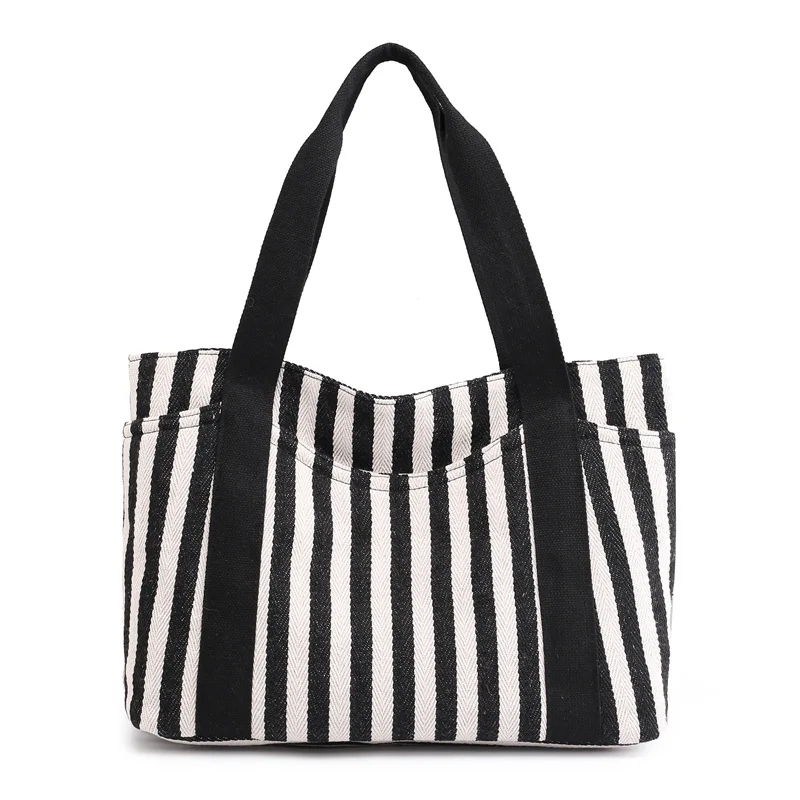 

2018 New Style WOMEN'S Bag Stripes Contrast Color Shoulder Bag WOMEN'S Bag Casual Canvas Bag Women's Large Bag Light Cloth Shopp