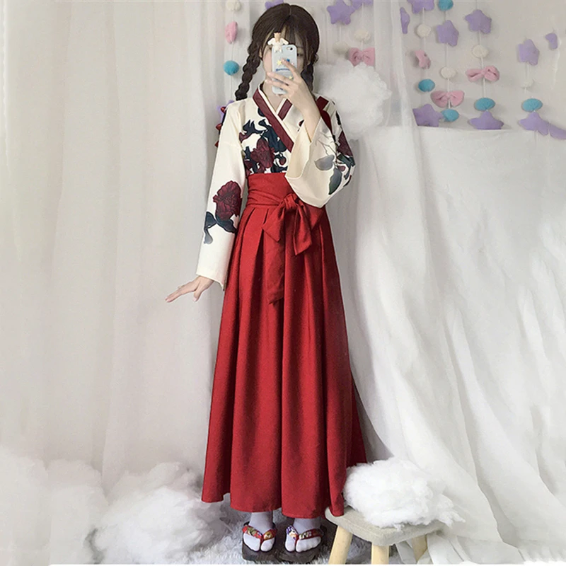 Японское кимоно вечерние платья для женщин Taisho девушка Haori халаты аозай топы юбки наряды азиатская одежда Аниме костюмы для косплея - Цвет: Red Top Long skirts