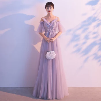 

Women Sexy V-Neck Evening Dress Exquisite Appliques Evening Prom Gowns Full Length Qipao A-Line Lace Up Flower Vestidos