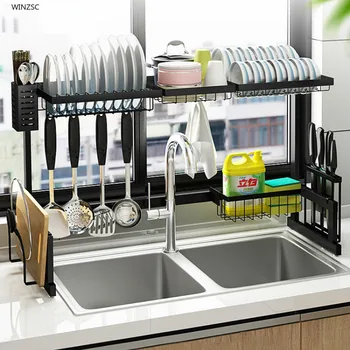 

Stainless steel kitchen supplies Dish Storage Basin Drain Kitchen Shelf Above Countertop kitchen accessories organizer WJB33001