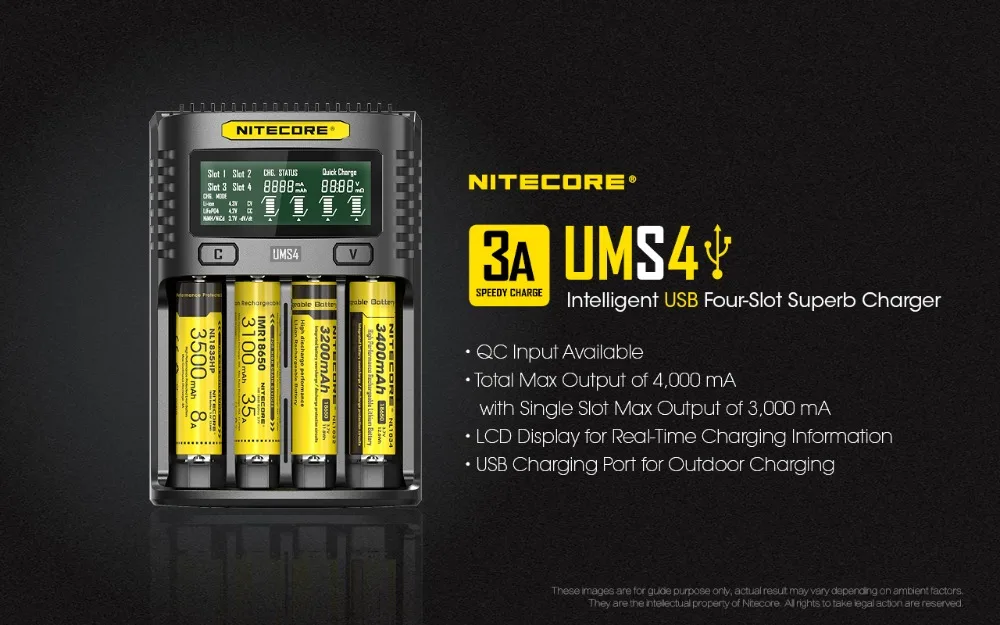 NITECORE UMS4 интеллектуальное USB четырехслотовое зарядное устройство OLED экран дисплей зарядное устройство