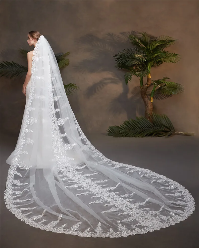 

Wholesale Mariage Veil Cathedral Train One Layer 2021 Elegant 400CM Long 300CM Wide Lace Edged Wedding Bridal Veil