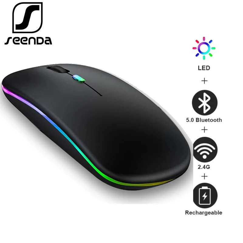 SeenDa-ratón inalámbrico RGB con Bluetooth, recargable, para portátil, iPad, Macbook, silencioso, ergonómico, retroiluminado con LED