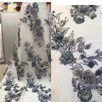 

dark green with gray 3D beaded lace fabric with 3D beads floral applique mesh embroidered lace fabric for bridal wedding fabric