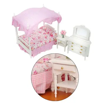 

1:12 Dollhouse Miniature Bedroom Furniture Princess Canopy Bed Dresser Bedside 1 Set