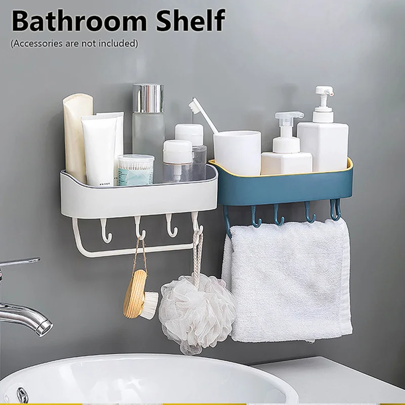 

Bathroom Punch-Free Wall Mount Hanging Shelf Double Layer Shower Rack with Toewl Hook Shampoo Holder Storage Rack Home Organizer