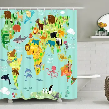 

Bathroom Shower Curtain World Map Shower Curtains with Local Animals Plants Design, Waterproof Durable Fabric Bath Curtain for