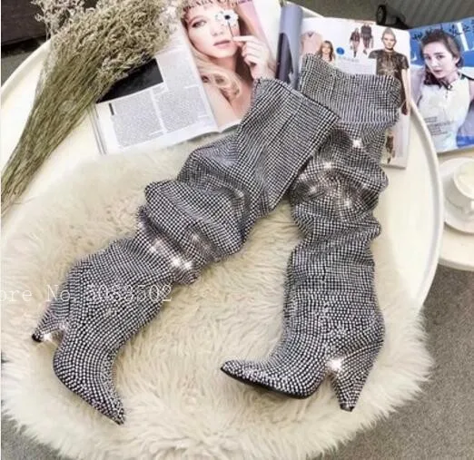 Glliter Bling Luxury Crystal Long Boots Rhinestone Spikes High Heels Slip-On Knee High Boots Party Shoes Woman Color: as