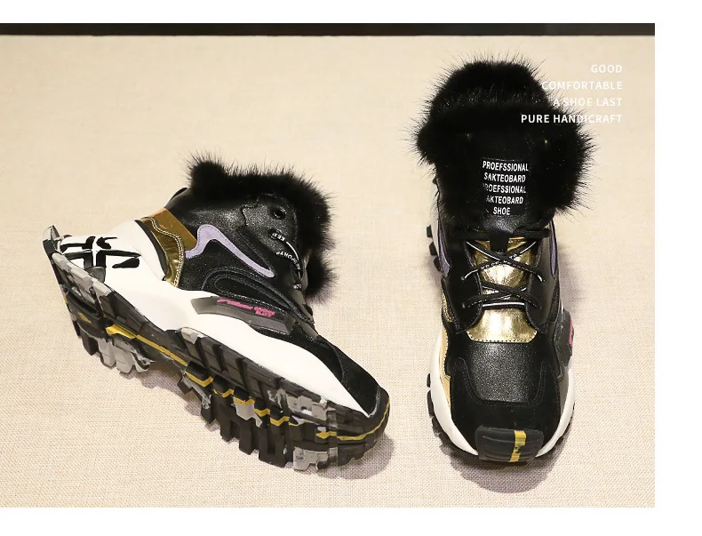 Womens Genuine Leather Real Mink Fur Sneakers Warm Winter Platform Casual Korean Style Match Colors High Top Shoes Black White